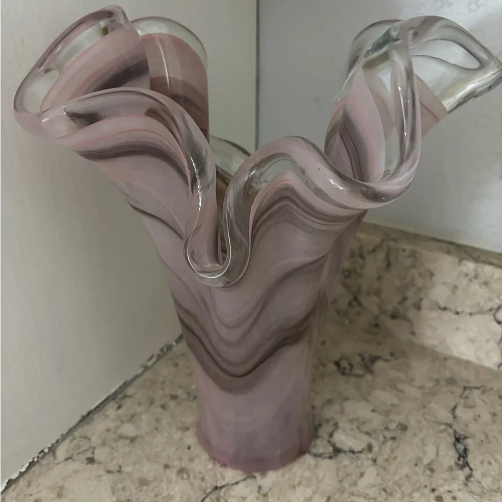 Italian Murano Art Glass Vase Hand-Blown Pink Lavender Swirl with Ruffled Rim